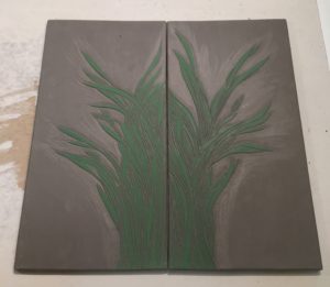 Work in process, sgraffito carved grasses tiles