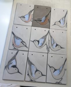 Work in progress, sgraffito nuthatch tile