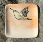 Square stoneware plate, sgraffito carved hummingbird design