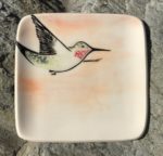 Square stoneware plate, sgraffito carved hummingbird design