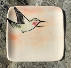 Square stoneware plate, sgraffito carved hummingbird design
