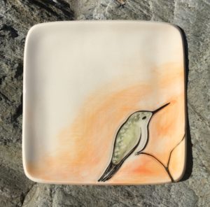 Square stoneware plate, sgraffito carved hummingbird design