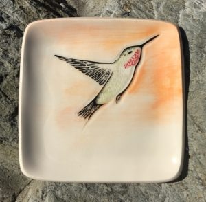 Square stoneware plate, sgraffito carved hummingbird design
