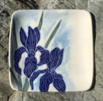 Square stoneware plate, sgraffito carved irises design