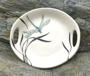 Round stoneware platter, dragonfly and grasses design