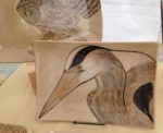 Stoneware platter, sgraffito carved heron motif