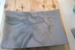 Photo of work in progress, sgraffito carving