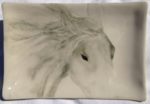 Stoneware platter, sgraffito carved horse design