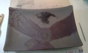Photo of work in progress, sgraffito carving