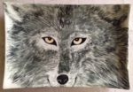 Stoneware platter, sgraffito carved wolf design