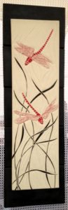 Hanging tile, sgraffito carved dragonfly and grasses design