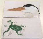Stoneware tiles, sgraffito carved heron & frog