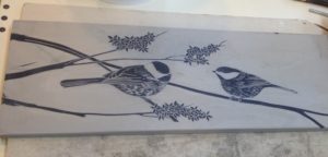 Backsplash tiles, sgraffito carved