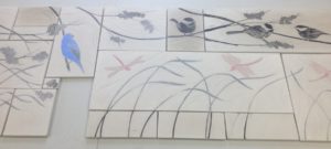 Backsplash tiles, sgraffito carved