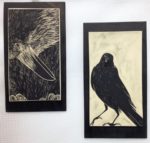 Two decorative wall tiles, sgraffito carved raven designs