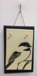 Hanging tile, sgraffito carved chickadee design