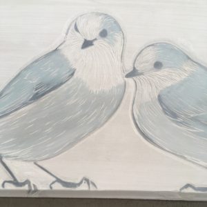 Detail view of gray jays platter, work in progress