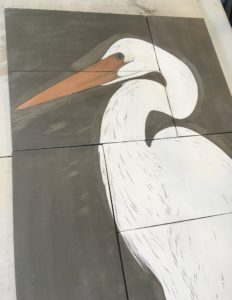 Stoneware mosaic with egret design, work in progress