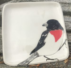 Stoneware plate, grosbeak design