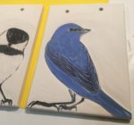 Ceramic tile, work in progress, indigo bunting design